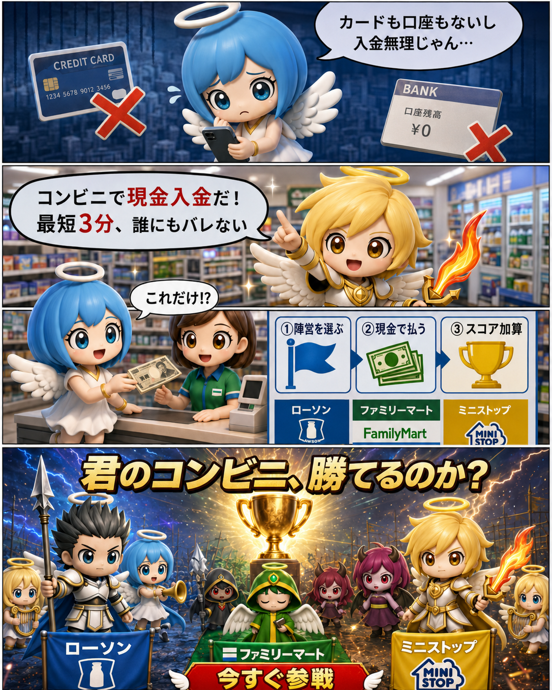 コンビニ入金のやり方 4コマ漫画：陣営を選ぶ→現金で払う→スコア加算→参戦